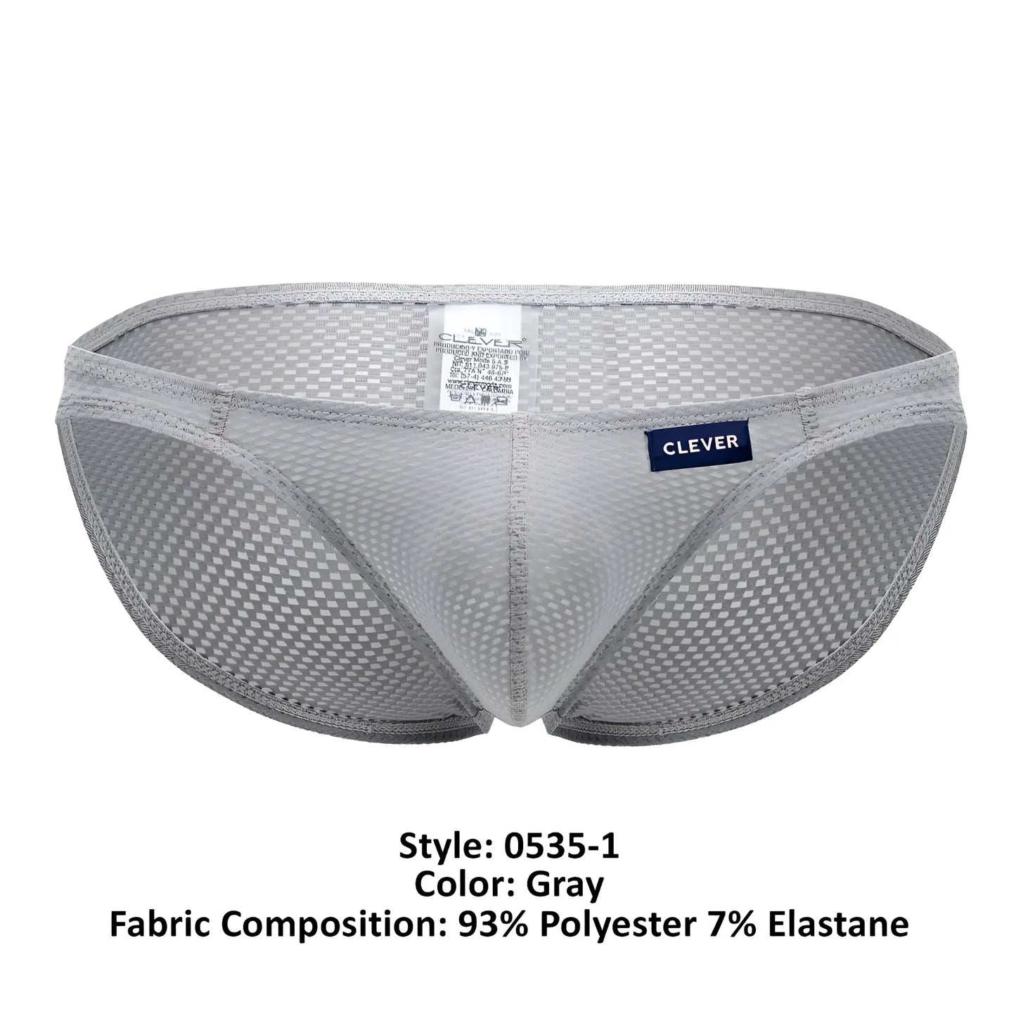 Gray mesh briefs with subtle checkered pattern and clever branded label on waistband from clever 0535-1 kroma bikini