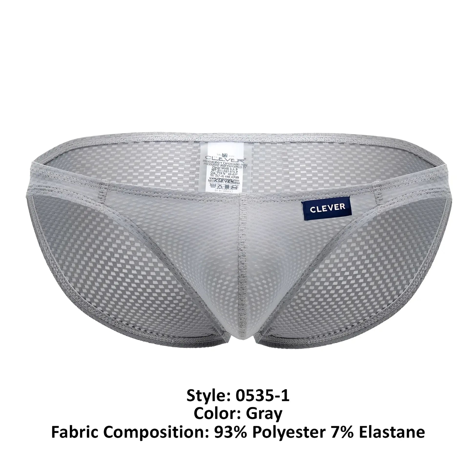 Gray mesh briefs with subtle checkered pattern and clever branded label on waistband from clever 0535-1 kroma bikini