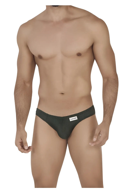 Dark green textured briefs with a white clever brand label on the waistband from clever 0535-1 kroma bikini collection