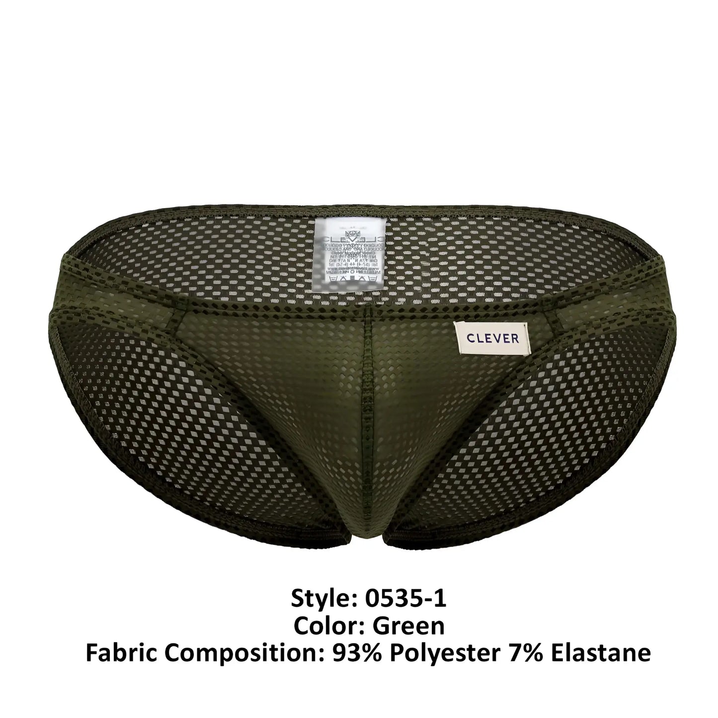 Olive green mesh briefs clever 0535-1 kroma bikini made of 93 polyester 7 elastane with clever brand label visible