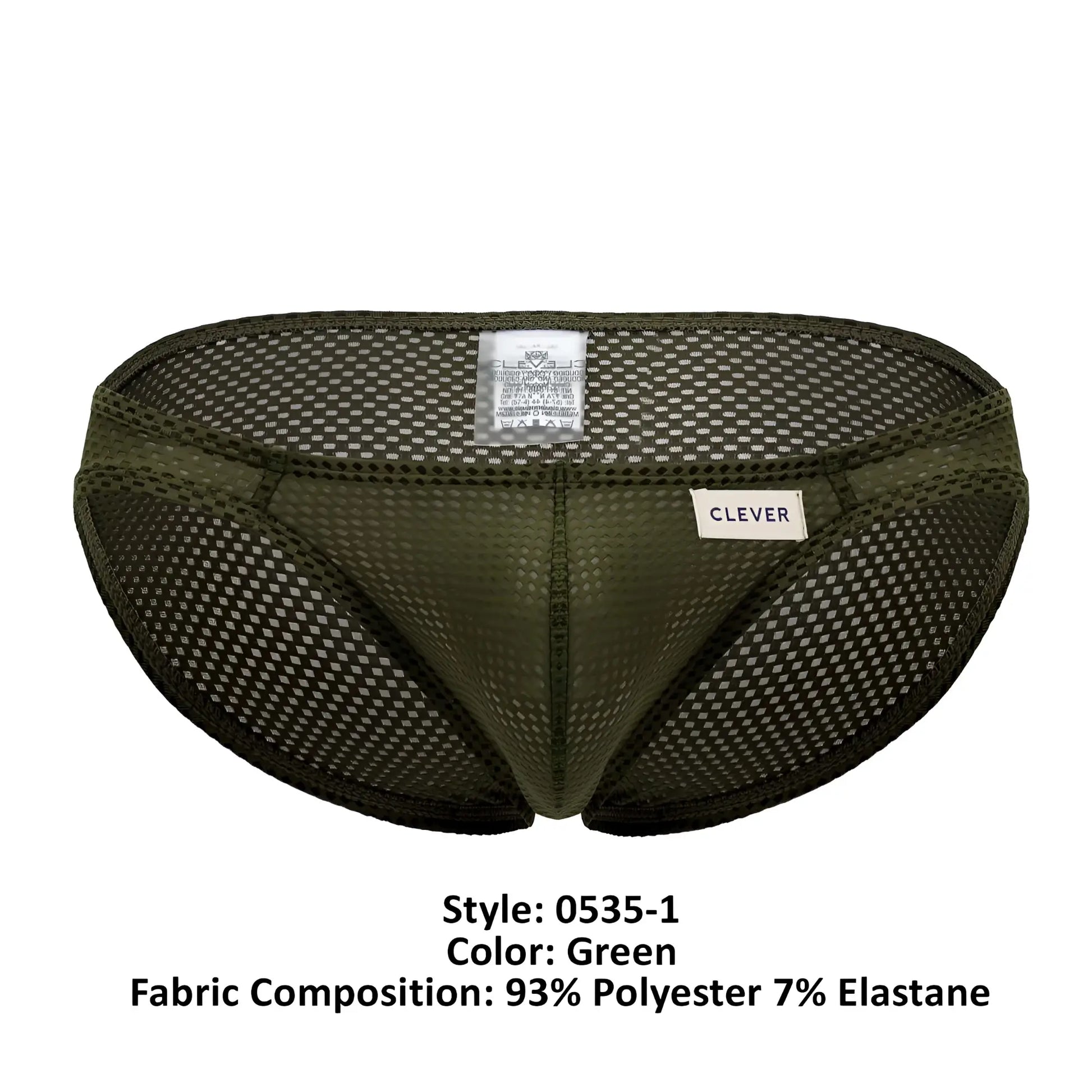 Olive green mesh briefs clever 0535-1 kroma bikini made of 93 polyester 7 elastane with clever brand label visible