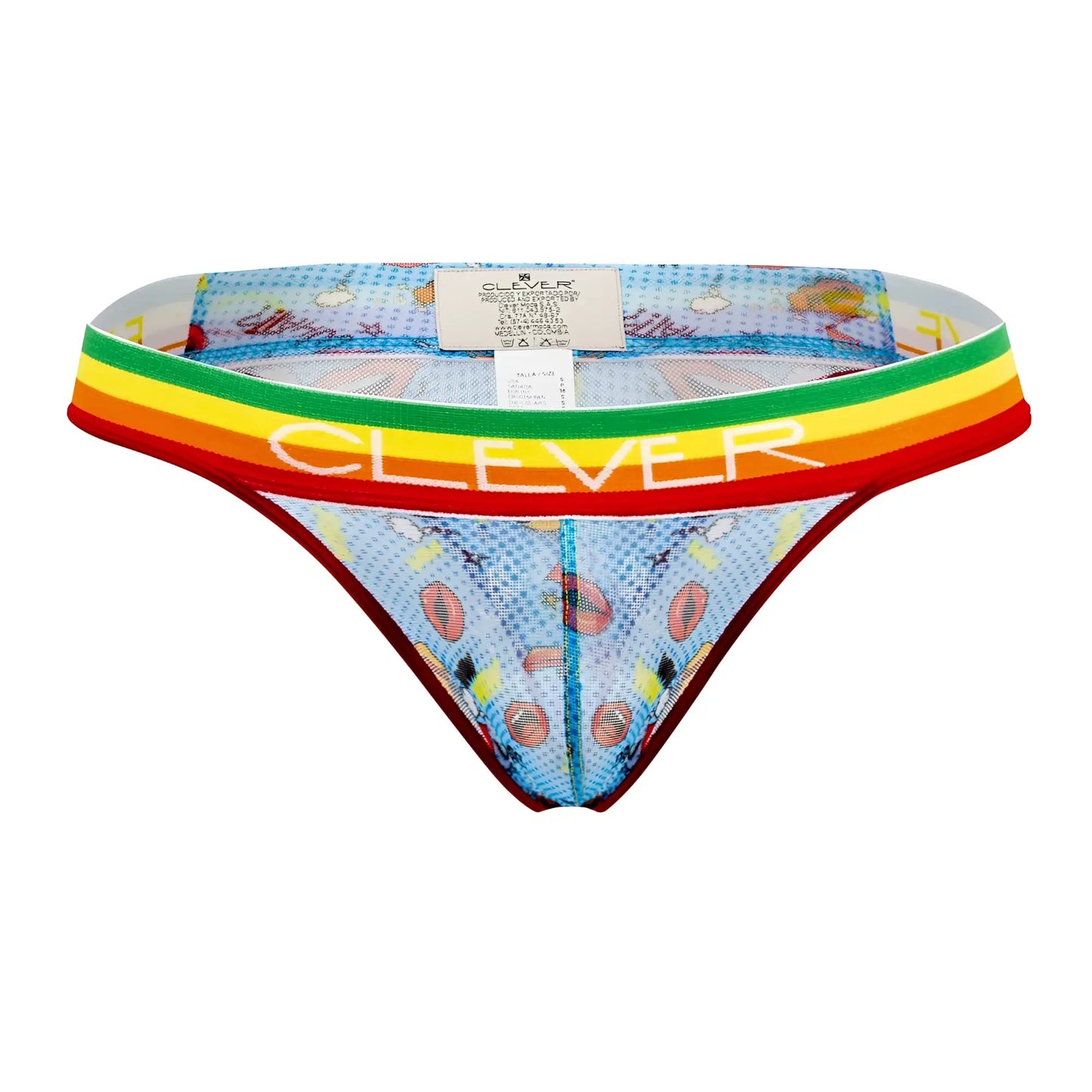 Clever 0609-1 motivation men’s thong in blue mesh with cartoon coffee designs and rainbow-striped waistband