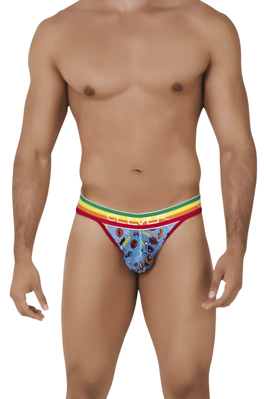 Blue patterned men’s briefs with rainbow-striped waistband and clever brand name printed in white