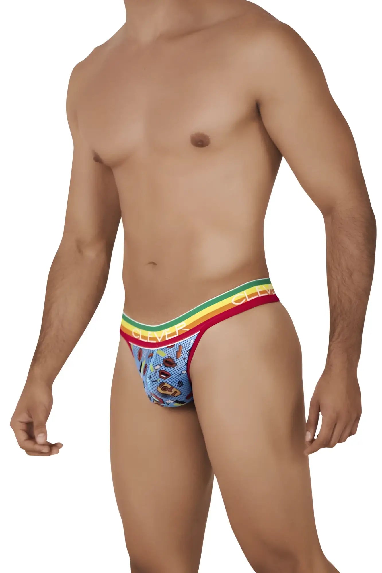 Blue patterned men’s briefs with rainbow-striped waistband from clever 0609-1 motivation thongs color blue collection