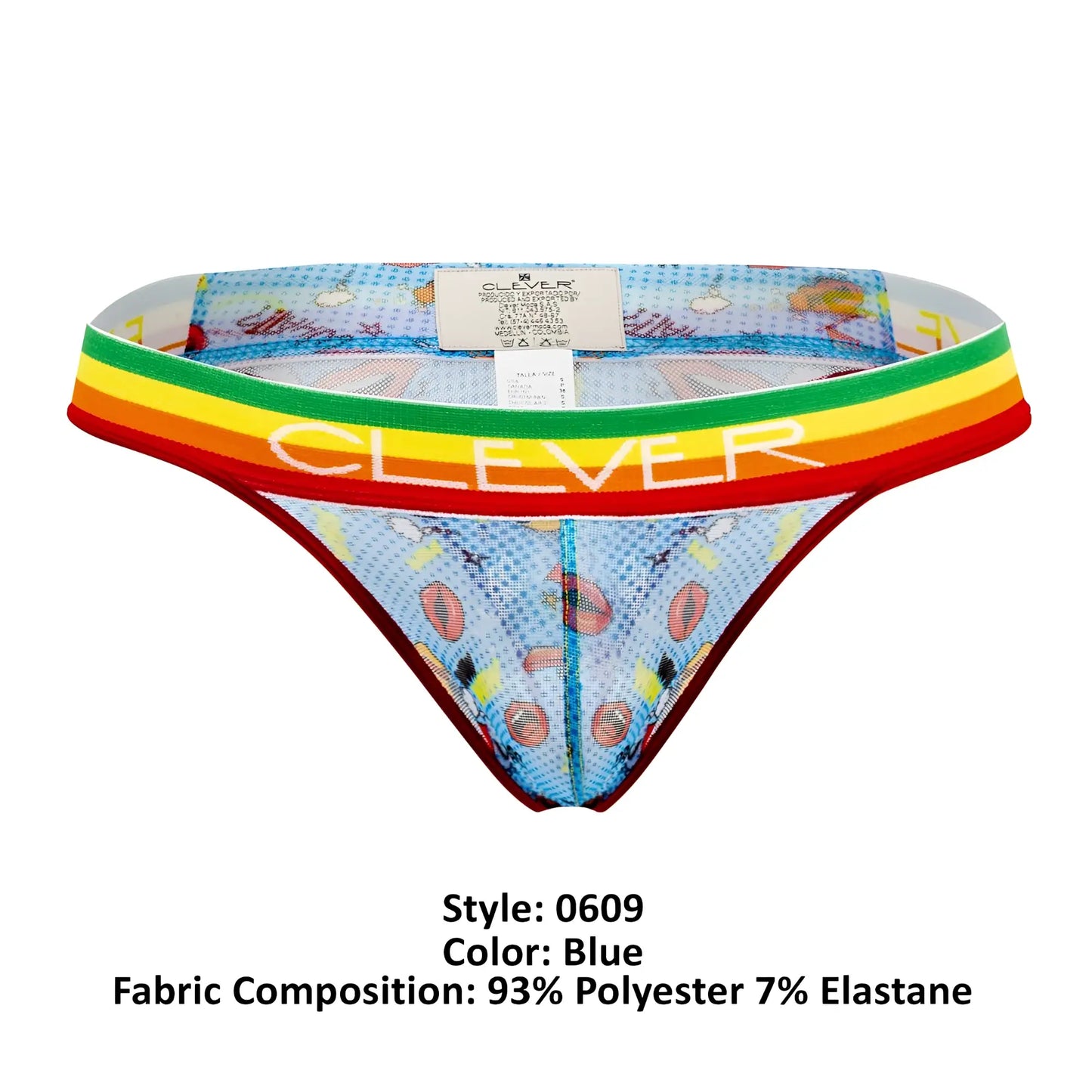 Blue patterned thong with rainbow-striped waistband and clever brand name printed in white from clever 0609-1 collection