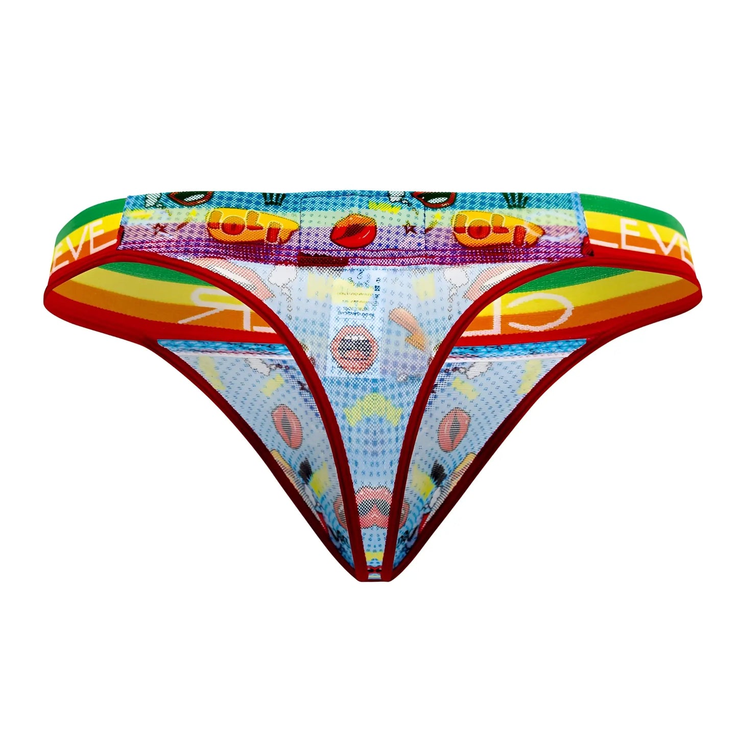 Clever 0609-1 motivation thongs blue rainbow-striped mesh fabric with cartoon pattern and bold red trim front view