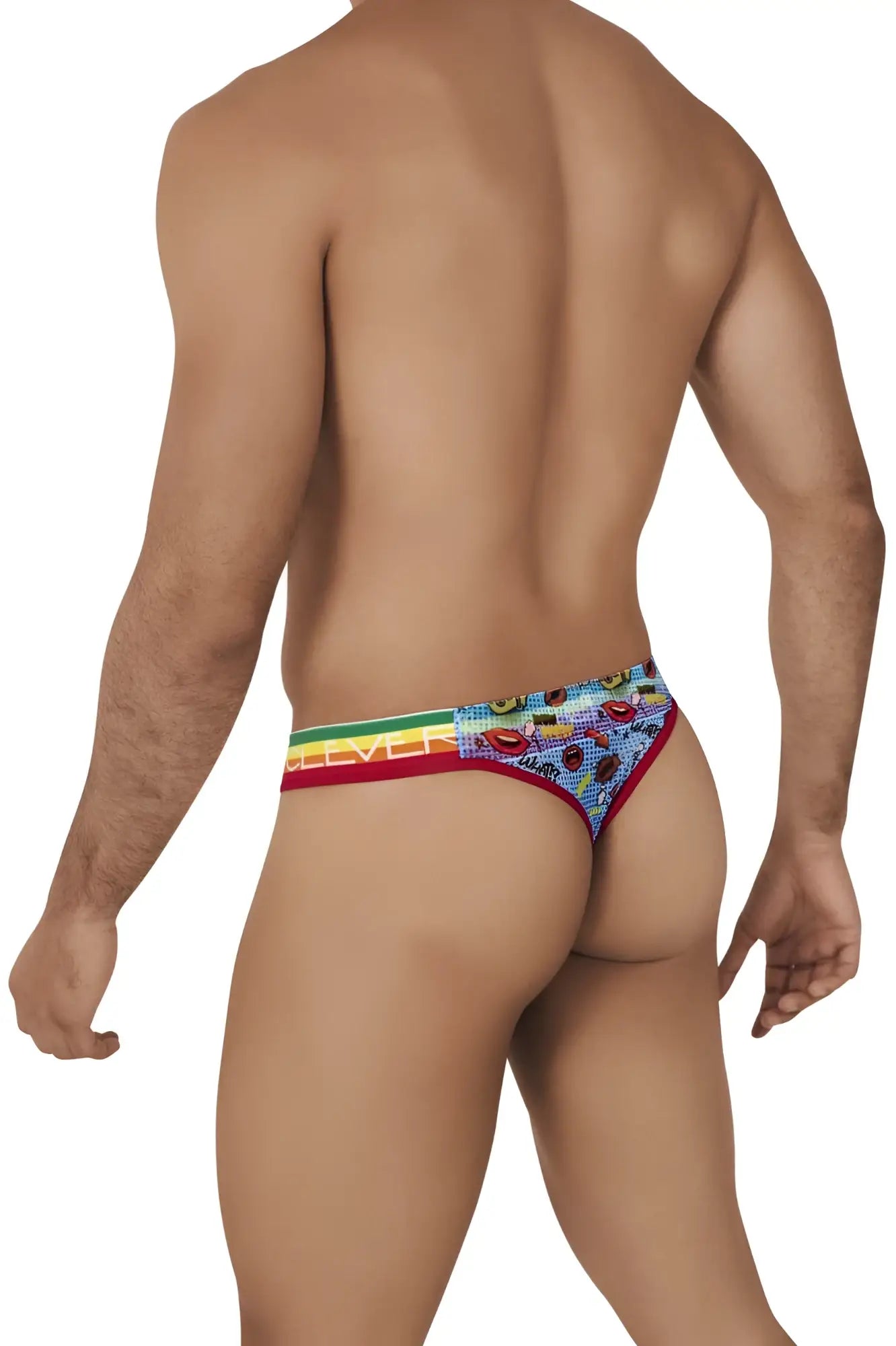 Rainbow-striped Clever 0609-1 Motivation thong with colorful fruit design and red trim in blue shown from the back side