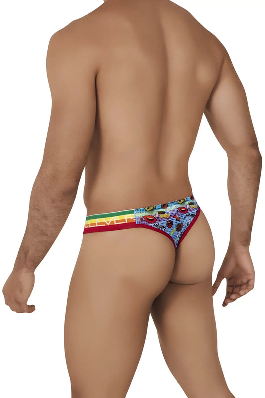 Rainbow-striped Clever 0609-1 Motivation thong with colorful fruit design and red trim in blue shown from the back side