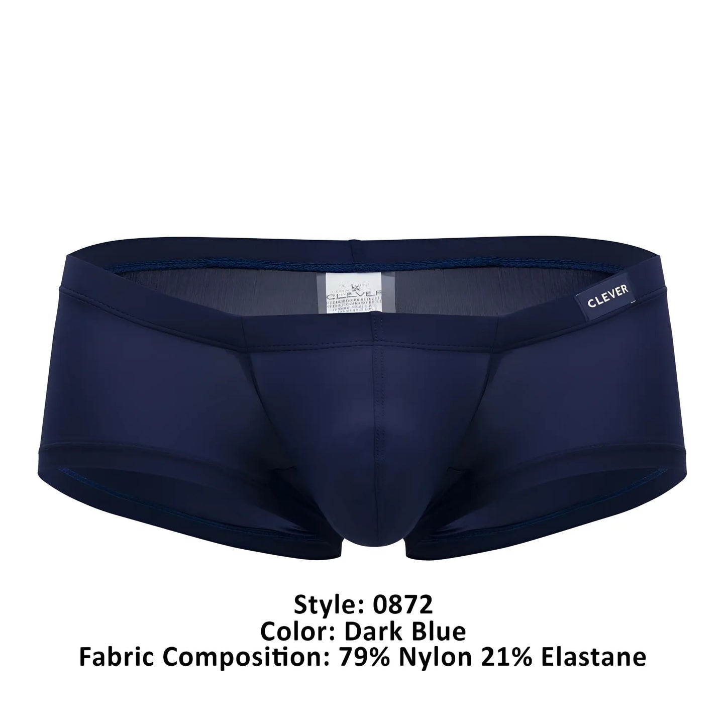 Dark blue clever 0872 latin trunks for men made of 79% nylon 21% elastane with a sleek design and branded waistband