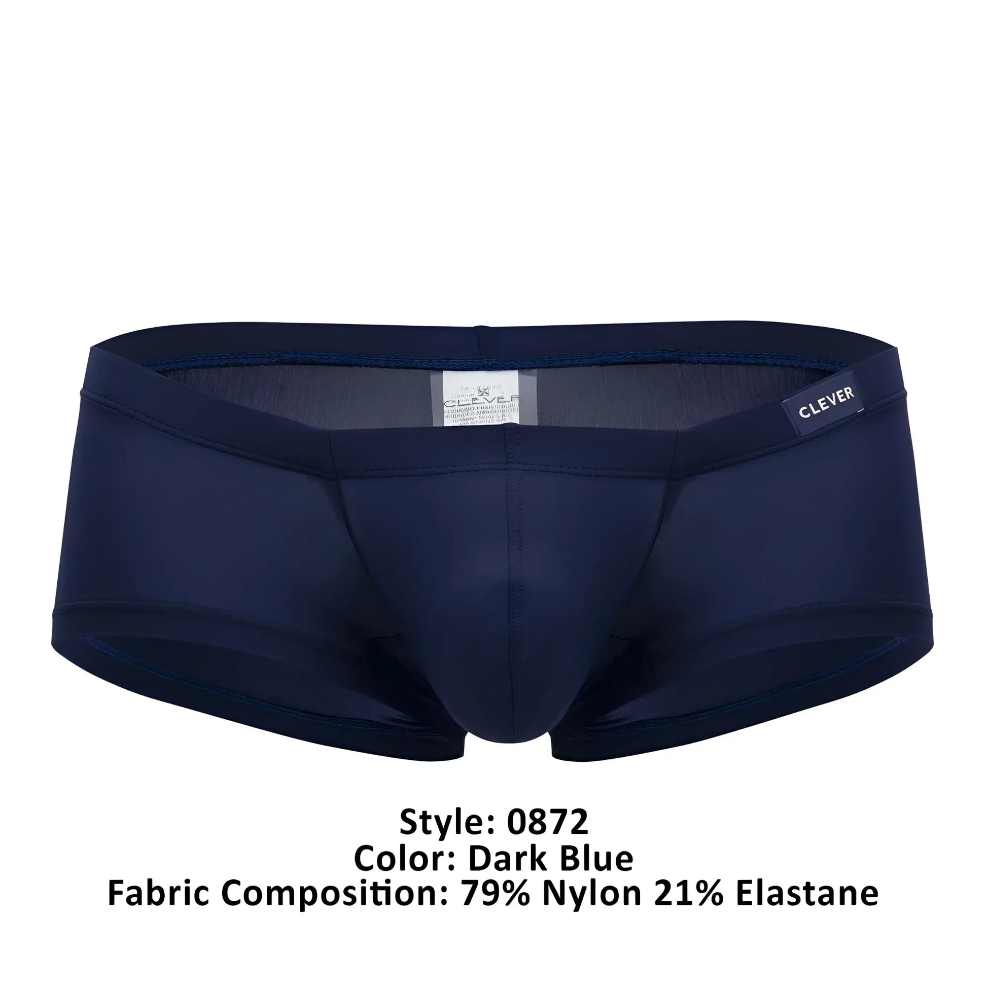 Dark blue clever 0872 latin trunks for men made of 79% nylon 21% elastane with a sleek design and branded waistband