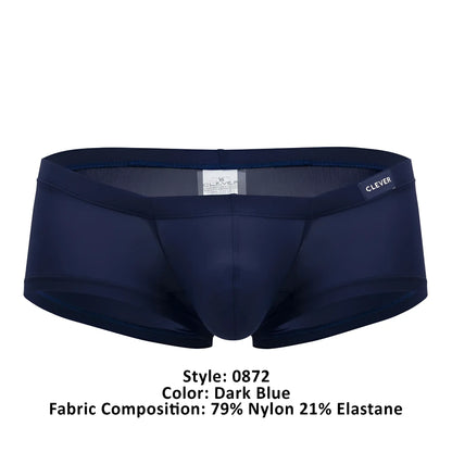 Dark blue clever 0872 latin trunks for men made of 79% nylon 21% elastane with a sleek design and branded waistband