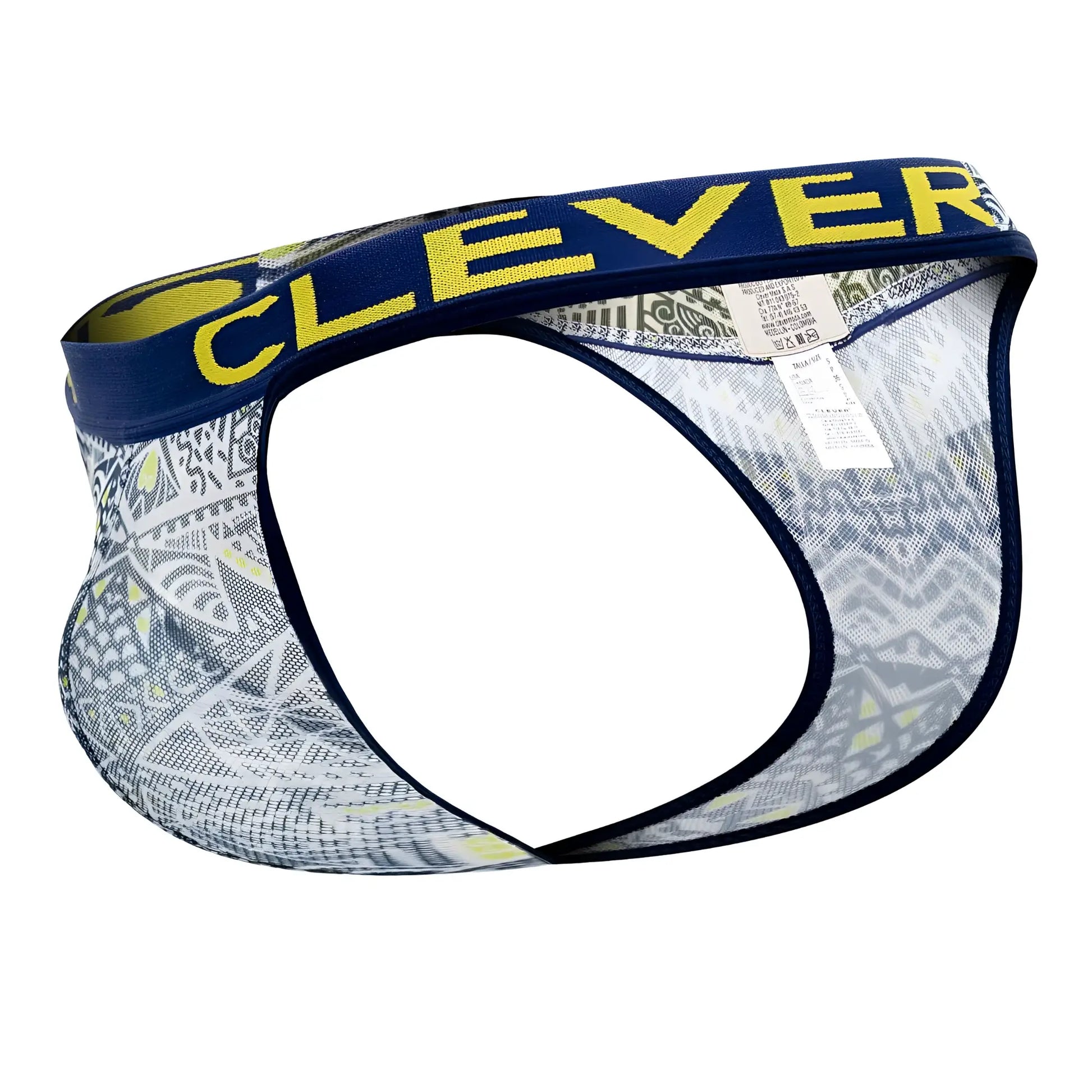 Blue and yellow patterned men’s briefs with a geometric design from clever 0921 tribal thongs color white collection