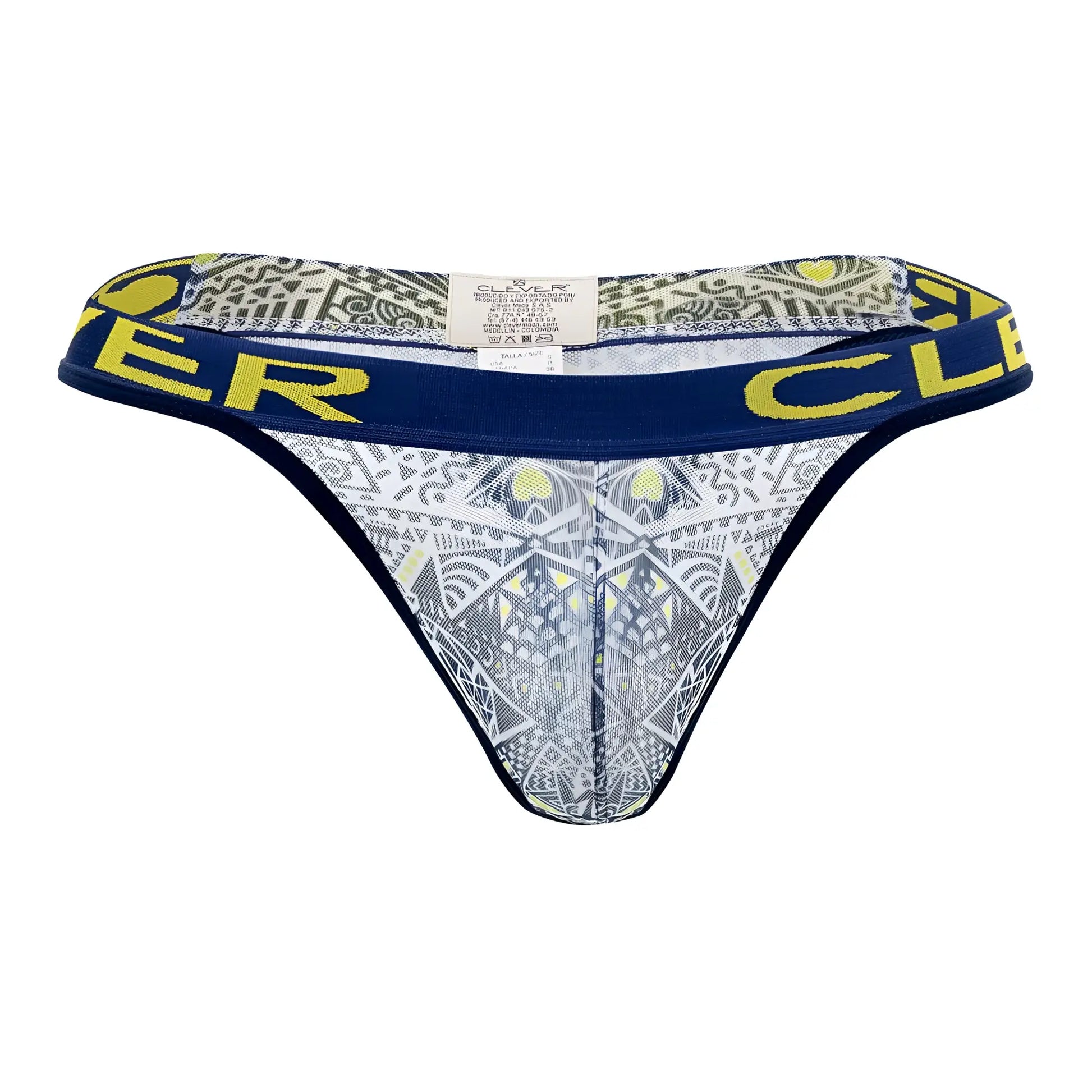Blue and yellow patterned thong with geometric design and clever branding on waistband in white color