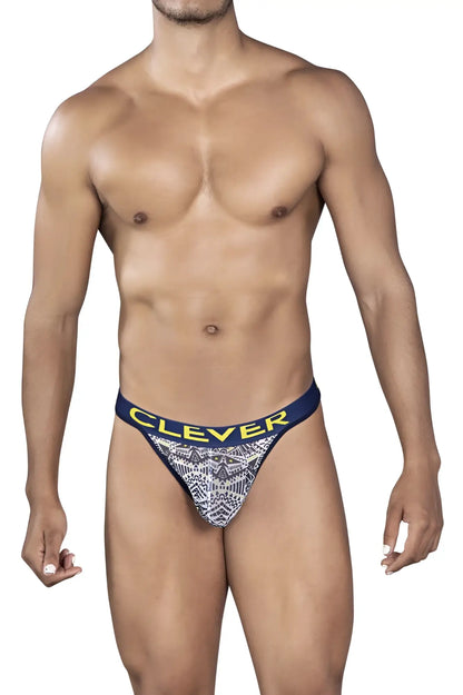 Navy blue and white patterned clever 0921 tribal thong with yellow branding on the waistband in white color