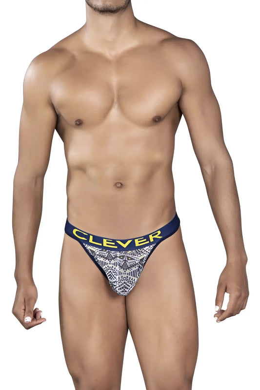 Navy blue and white patterned clever 0921 tribal thong with yellow branding on the waistband in white color