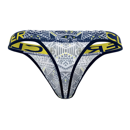 Navy and yellow geometric patterned thong from clever 0921 tribal thongs color white collection visible from front side
