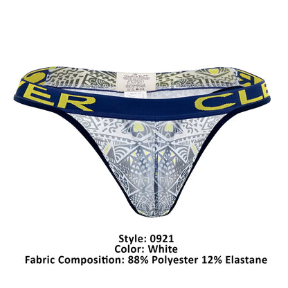 White thong with navy blue waistband, bold yellow clover lettering, and gray white lime green geometric pattern
