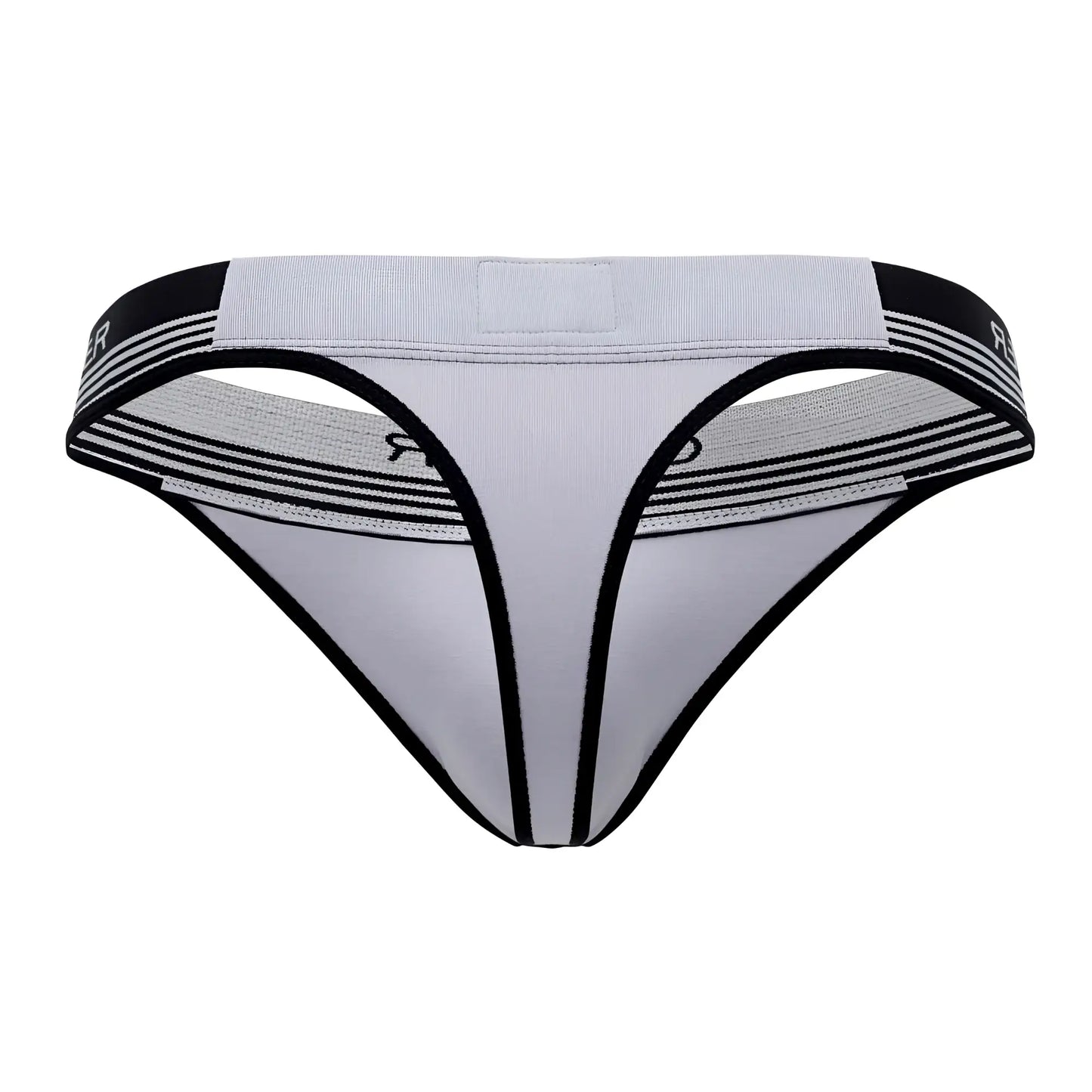 Gray and black athletic-style thong with striped elastic waistband from clever 0926 comfy thongs collection