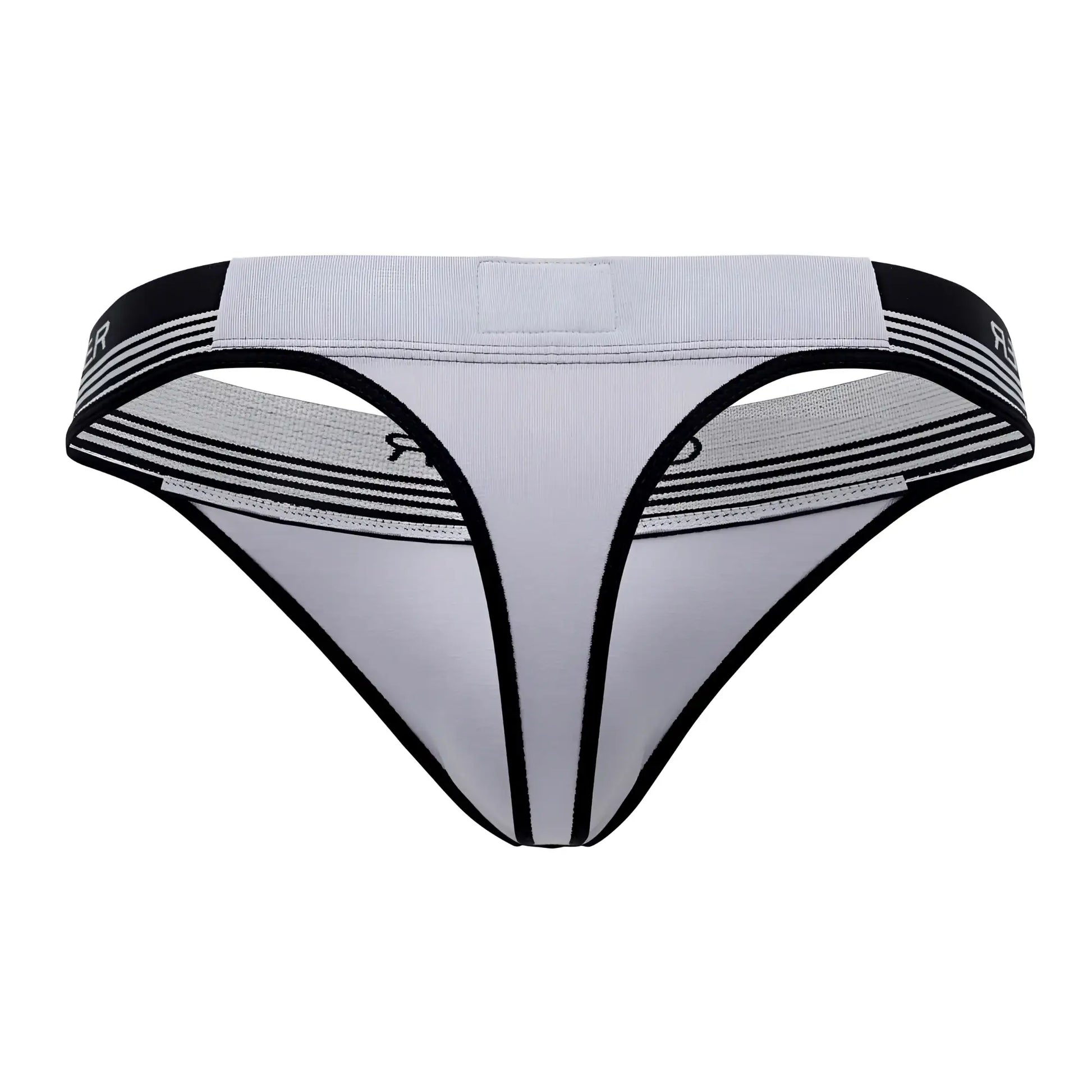 Gray and black athletic-style thong with striped elastic waistband from clever 0926 comfy thongs collection