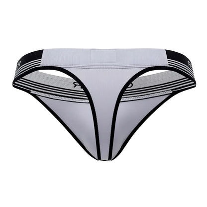 Gray and black athletic-style thong with striped elastic waistband from clever 0926 comfy thongs collection