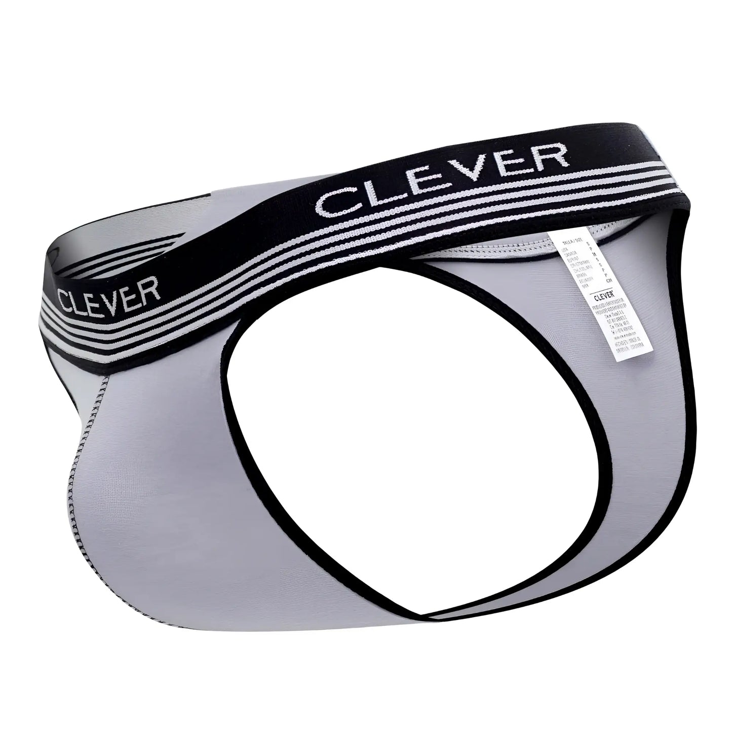 Gray and black clever 0926 comfy thong briefs with a striped waistband showing the back side design