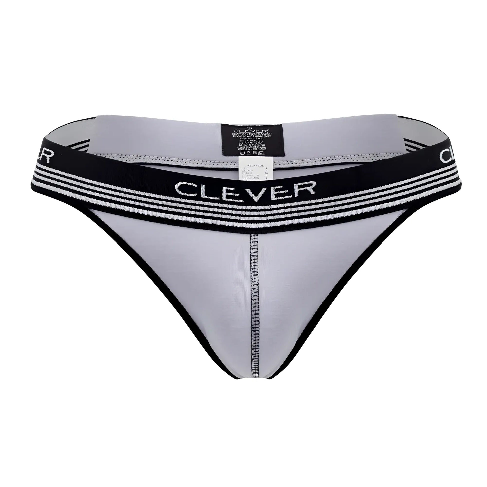 Gray and black Clever 0926 comfy thong with striped waistband showing the front side in soft fabric design