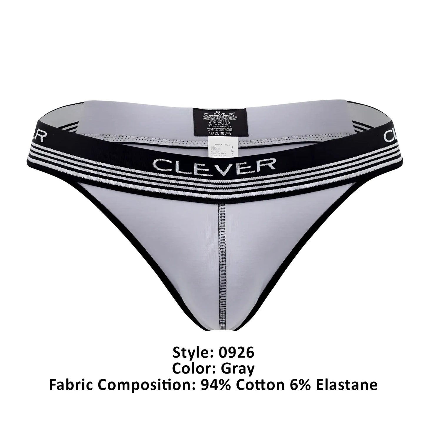 Gray clever 0926 comfy thong with black trim and striped waistband showing front design and comfortable fit