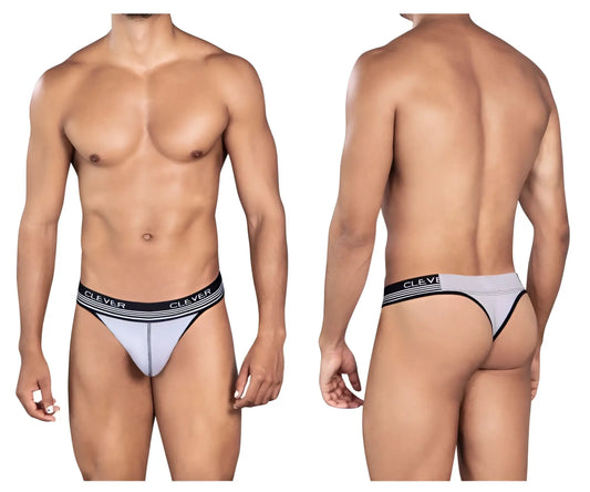 Light gray and black striped clever 0926 comfy thong with branded waistband shown from the back side