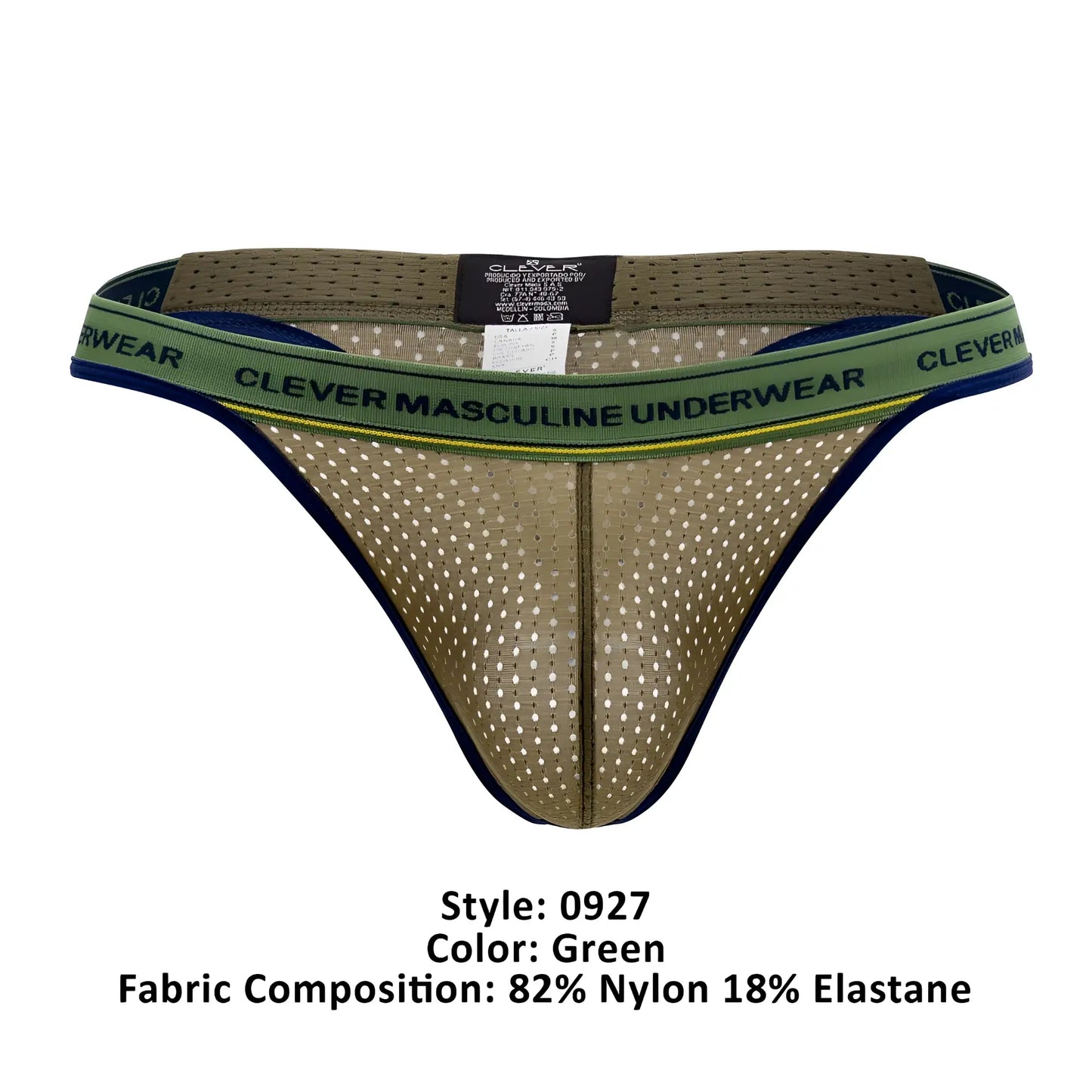 Green mesh athletic briefs with navy blue trim and clever branding on the waistband from Clever 0927 Premium Thongs