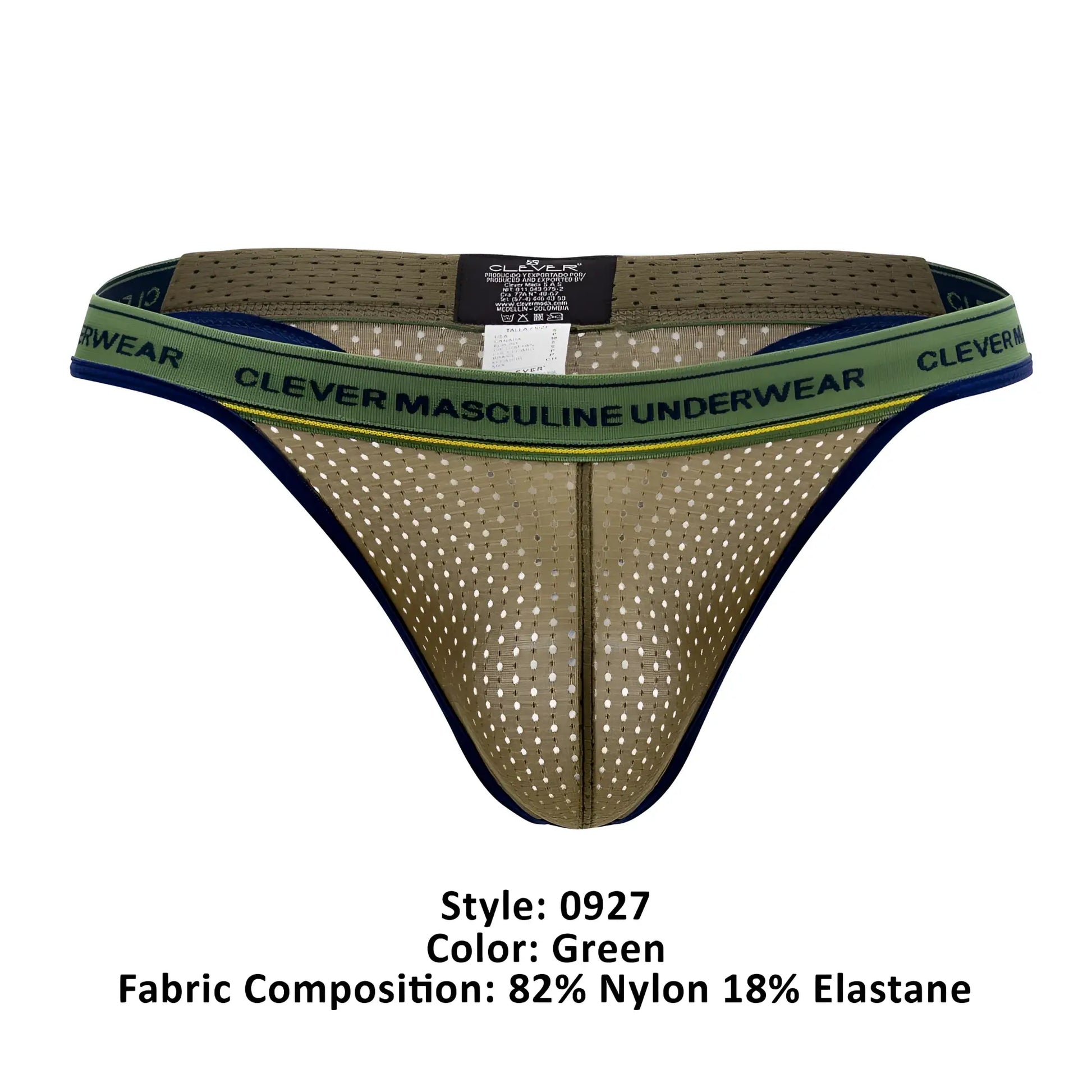 Green mesh athletic briefs with navy blue trim and clever branding on the waistband from Clever 0927 Premium Thongs