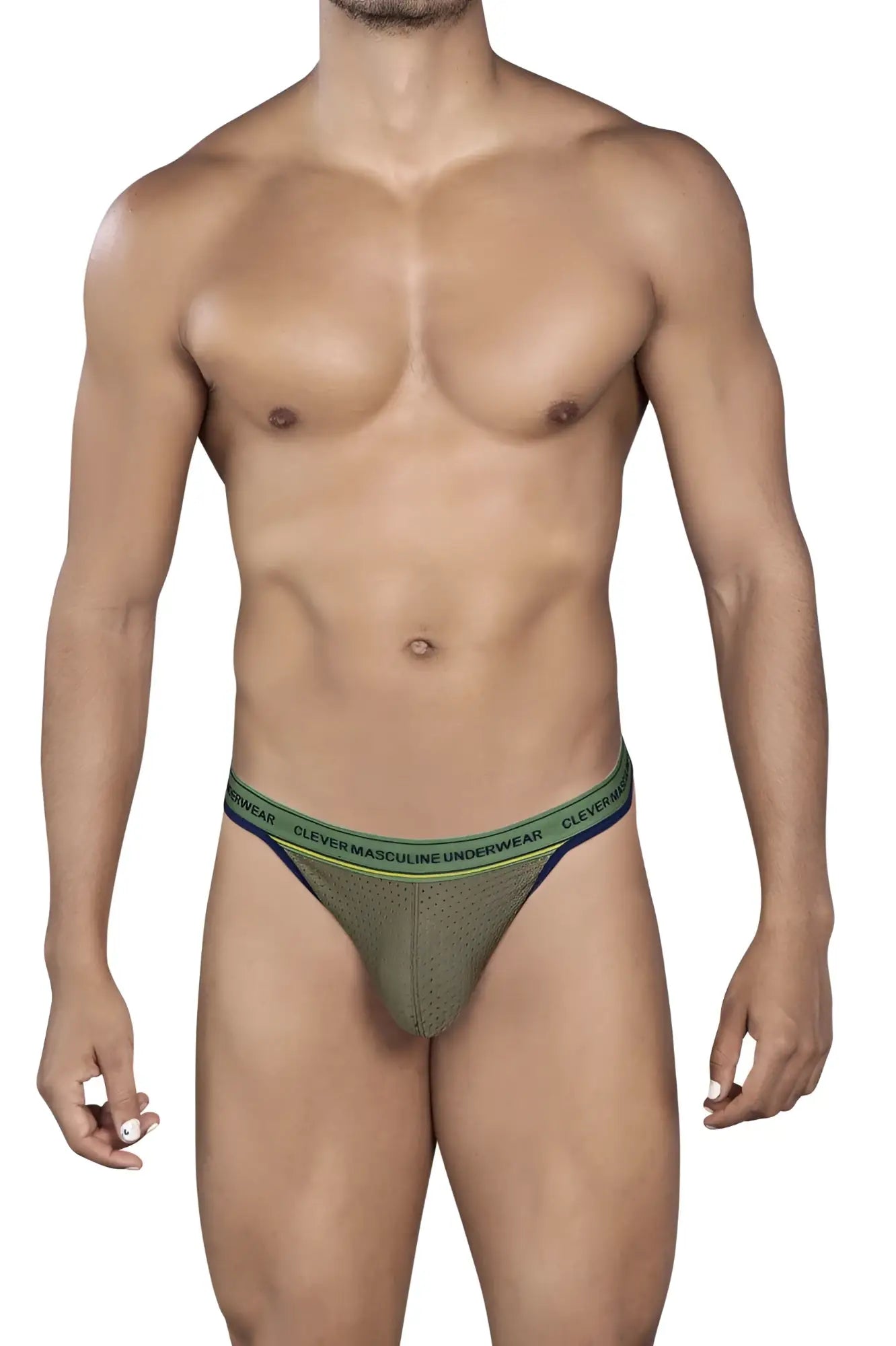 Olive green mesh briefs with lime green and navy blue elastic waistband branded clever masculine underwear front side