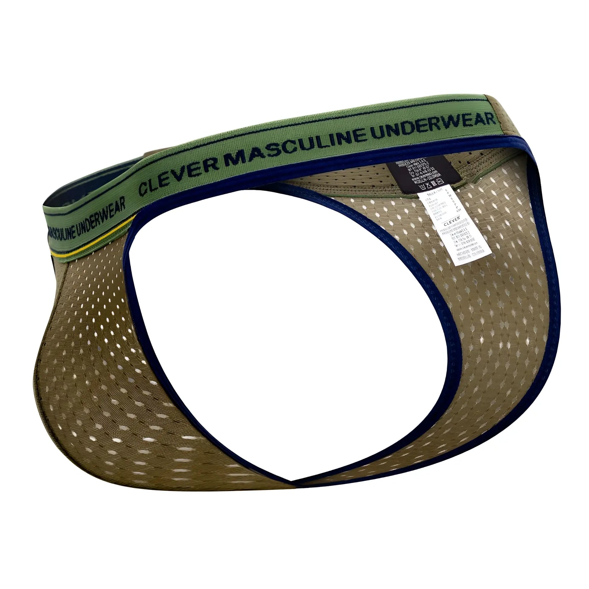 Olive green clever 0927 premium mesh briefs with navy blue trim and branded waistband front view