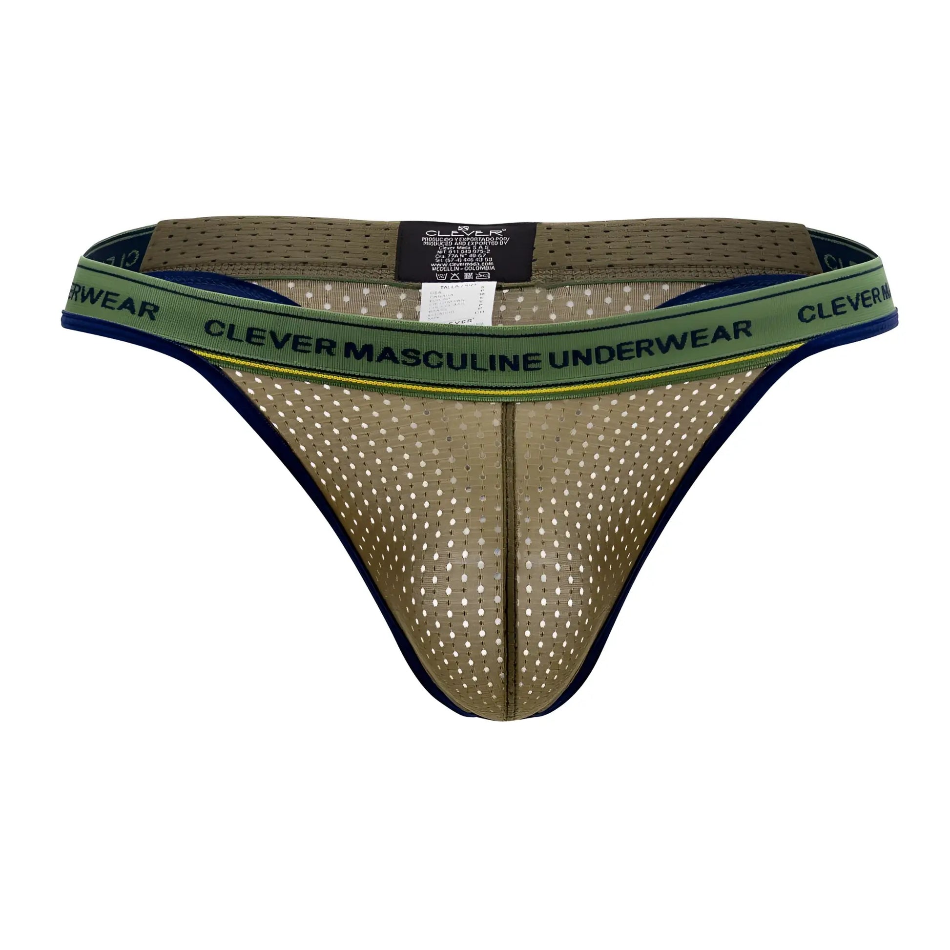 Olive green mesh thong with navy blue trim and Clever branded waistband from Clever masculine underwear