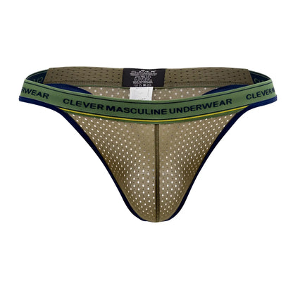 Olive green mesh thong with navy blue trim and Clever branded waistband from Clever masculine underwear