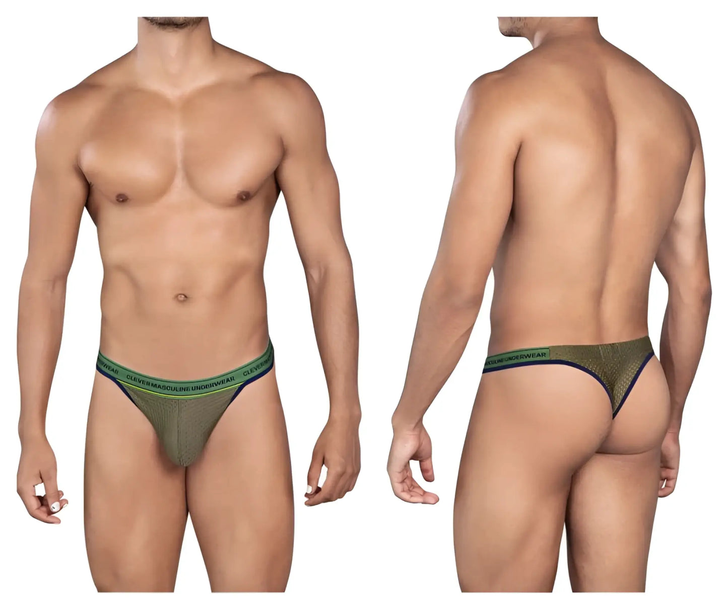 Olive green mesh thong with teal and black elastic waistband featuring clover brand name from clever 0927 premium thongs