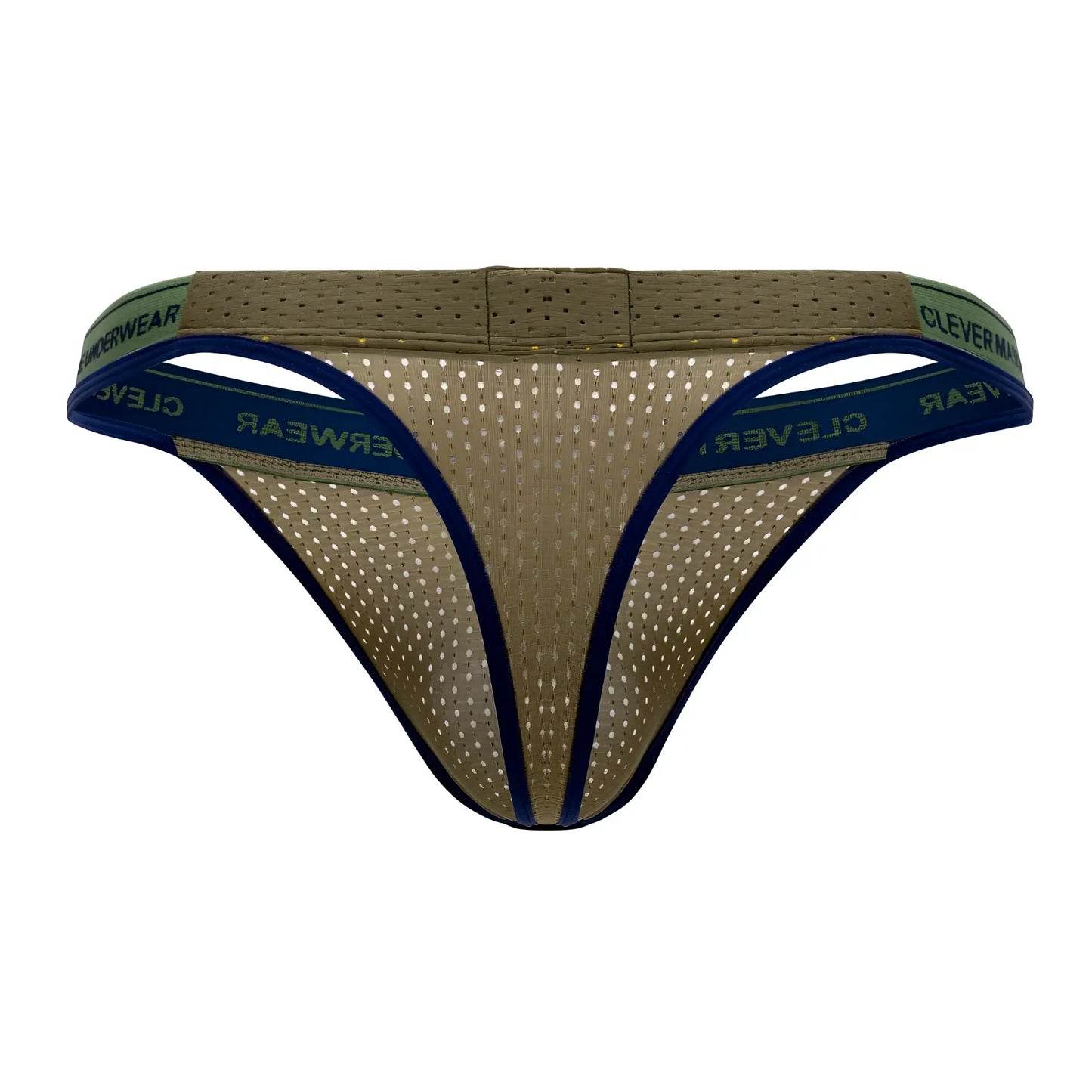 Olive green and navy blue mesh thong with cleverwear branded waistband from clever 0927 premium thongs color green