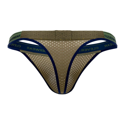 Olive green and navy blue mesh thong with cleverwear branded waistband from clever 0927 premium thongs color green