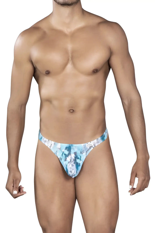 Clever 0932 art thongs gray men’s thong with blue and white tropical leaf pattern front view