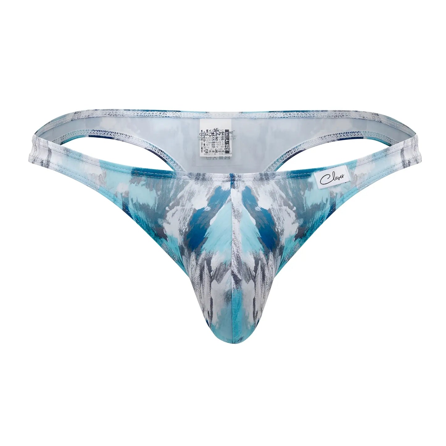 Men’s Clever 0932 art thong in vibrant blue and white abstract mountain pattern with a sleek form-fitting design