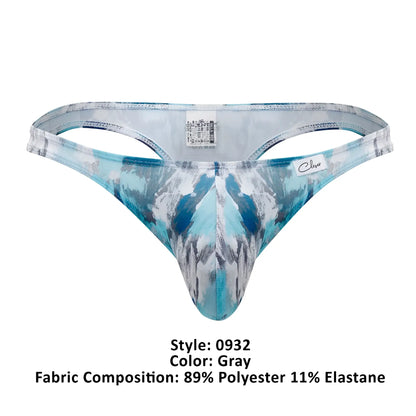 Gray patterned thong with blue and white abstract design made from 89% polyester 11% elastane Clever 0932 Art Thongs