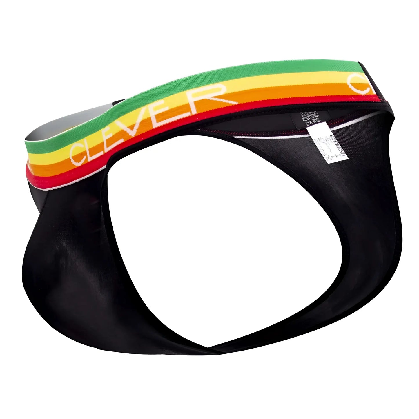 Black clever 0939 orion thong briefs with vibrant green yellow and red striped waistband featuring clever logo