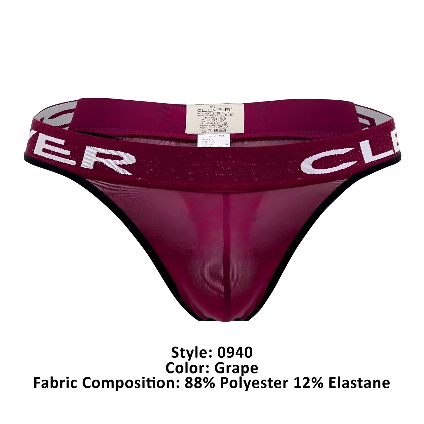 Clever 0940 jasped grape sheer mesh thong with wide elastic waistband white clover lettering and black trim back view