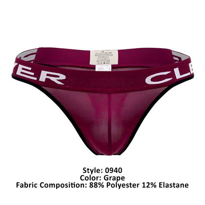 Clever 0940 jasped grape sheer mesh thong with wide elastic waistband white clover lettering and black trim back view