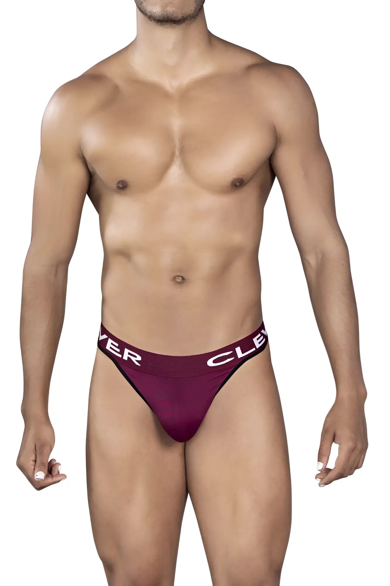 Maroon athletic briefs with white clever branding on the waistband in a grape color for active wear