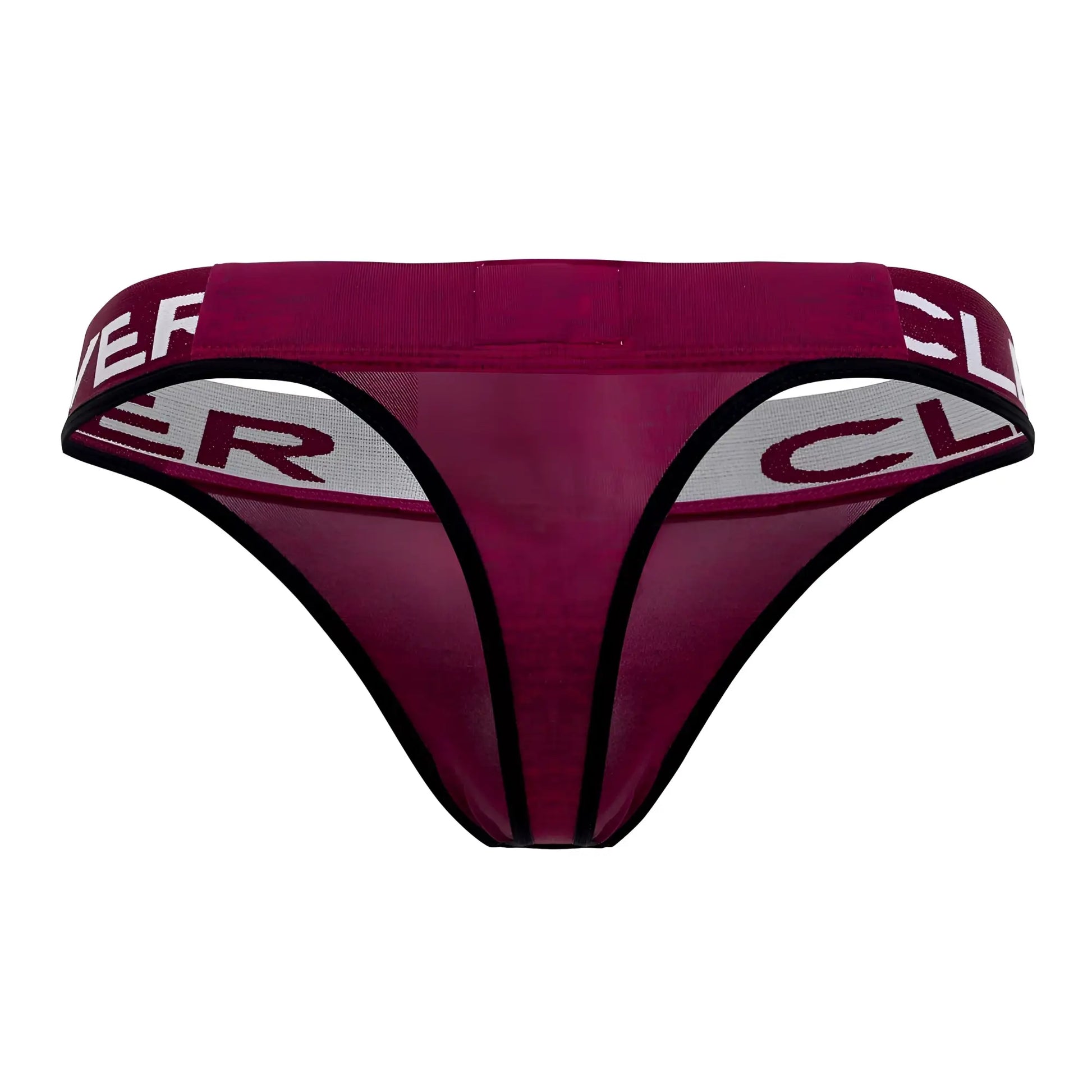 Maroon mesh Clever 0940 Jasped thong with black trim and gray waistband featuring bold brand name in grape color