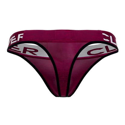Maroon mesh Clever 0940 Jasped thong with black trim and gray waistband featuring bold brand name in grape color