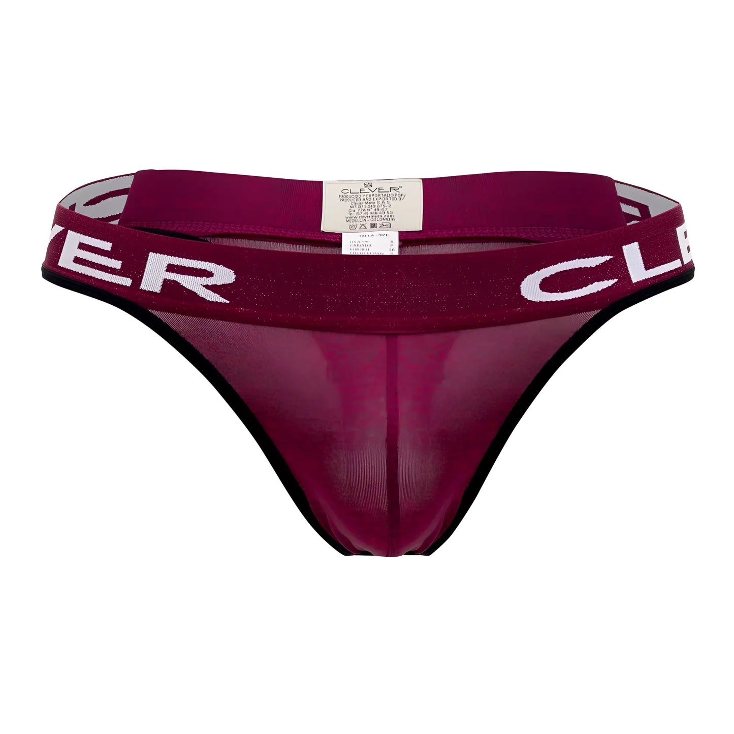 Maroon sheer mesh thong with black trim and white clover lettering on the waistband from clever 0940 jasped Grape