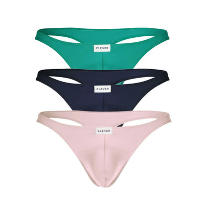 Set of three clever australian latin thong underwear in teal navy blue and blush pink with minimalist design