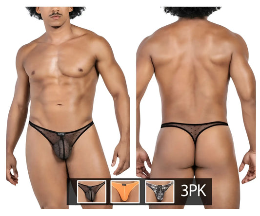 Black sheer mesh thong with dotted pattern and elastic trim from clever 100008 3pk australian latin thongs set