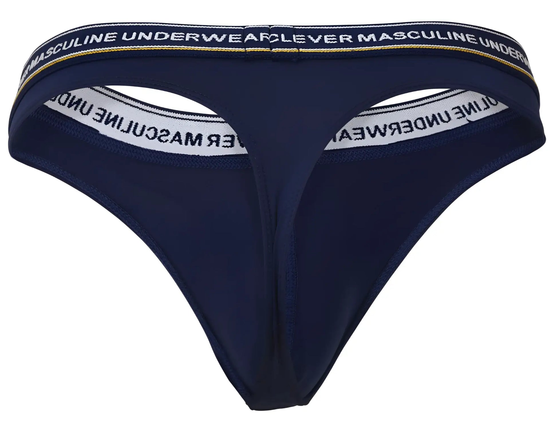 Navy blue clever 100010 thong with white and gold trim and masculine underwear text on waistband, front view